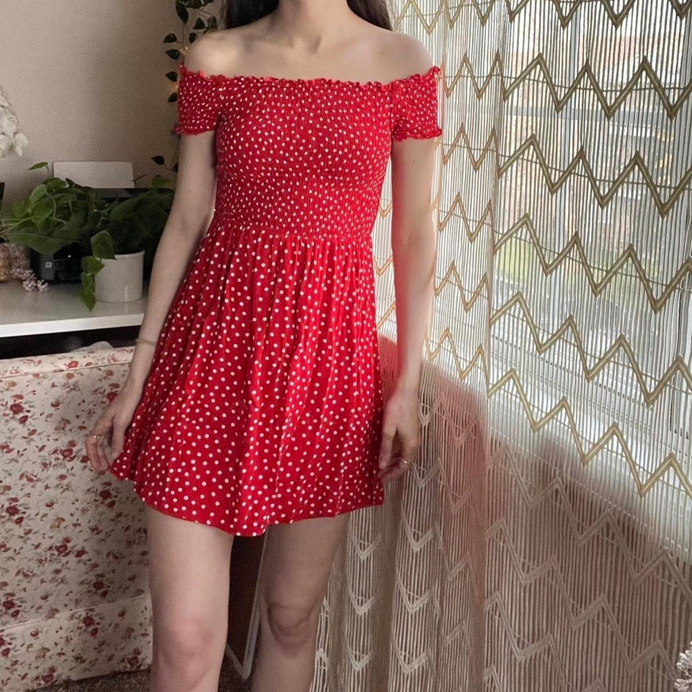 HM Red White Polka Dot Smocked Dress